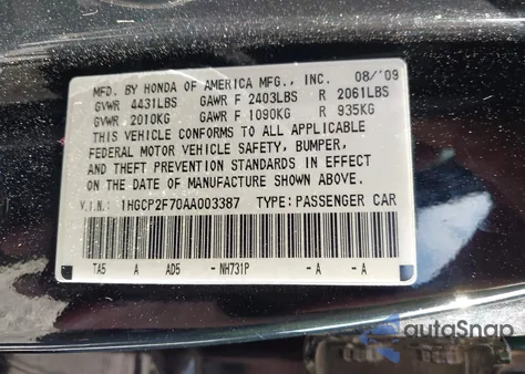 2010 Honda Accord 2.4 Ex from USA, damaged, VIN 1HGCP2F70AA003387